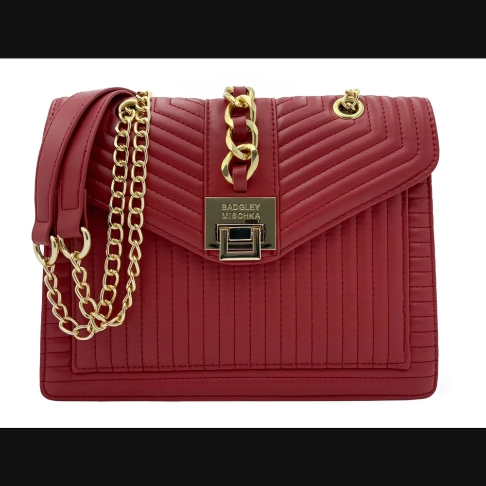 Badgley Mischka Quilted Red Shoulder Bag with Gold Chain